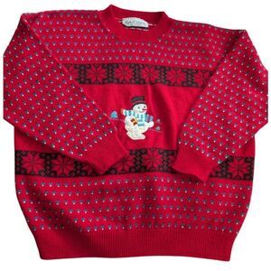 Vintage women's holiday Christmas embroidered snowman knit sweater‎